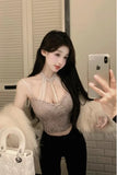 Yipinpay Hot Girl Lace Sexy Halter Neck Camisole Women's Autumn Slim Fit Mesh Bottoming Strap Short Top Fashion Female Clothes