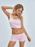 Yipinpay Women Y2K Vintage 2PCS Heart Hollow Lace Trim Bow Pajamas Sets Sleeveless Lace Trim Camisole+Low Waist Elastic Shorts