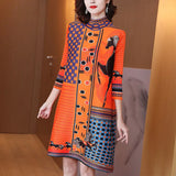 Yipinpay retro plexue dress female 2024 spring national wind printed high-end foreign air large A word skirt long sleeve dress