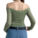 Yipinpay Women Off Shoulder T-shirts Crop Tops Sexy Clothing 2023 Latest Fashion Long Sleeve Solid Color Hollow Texture Slim Clothes y2k