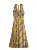 Yipinpay 2023 Print Halter Long Dress Women Summer Sexy Backless Dress Woman Knot Off Shoulder Midi Beach Holiday Party Dresses