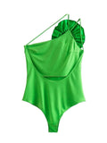 Yipinpay 2023 Asymmetric Body Woman Flowers Green Sexy Bodysuit Lingerie For Women Summer Black Backless Bodysuit Vacation Swimwear