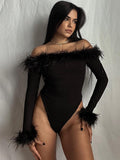 yipinpay Feather Top Long Sleeve T Shirt Women Off Shoulder Body Spring Fall Outfits Bodycon Solid Streetwear Black Bodysuits