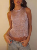 Yipinpay Sliver Women's Sleeveless Slim Fit Tank Tops Casual See-Through Top Vest Corect Sequin Scoop Neck Tank Top Glitter Outfits