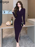 Yipinpay Woman Dress Autumn Winter Vintage Notched Elegant Split Long Sleeve Slim French Style Chic Basic Office Lady Dresses