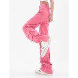 yipinpay Women's Pink Cargo Jeans Pocket Straight Vintage Streetwear High Waist Casual Fashion Baggy Wide Leg Slit Denim Trouser Ladies