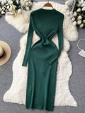 Yipinpay Winter Slim Design Knitted Dress V Neck Single Breasted A Line Split Midi Dress Long Sleeve Women Sweater Long Dress