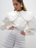 Yipinpay Big Peter Pan Collar Ruffle Womens Blouse Long Sleeve White Cotton Casual Tops Female Spring Summer Frill Shirt 2023
