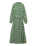 Yipinpay Green Shirt Dress Woman Geometric Print Long Dresses For Women 2023 Belt Long Sleeve Midi Dresses Woman Elegant Dress