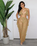 Yipinpay Women's Sexy Solid Color Fringe Knitted Halter Cup Cover And Cutout Trousers Two-Piece Set Summer Fashion Trend Trouser Suit