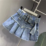 Yipinpay Light Blue Sweet Spicy Girl Pleated Denim Skirt Summer New Korean Fashion High Waist Slimming A-line Short Skirt for Women
