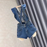 Yipinpay Size Denim Strap Shorts Women's Summer High Waisted A-line Jumpsuit Pants Sweet Ruffled Edge Short Jeans Size S-5XL