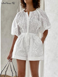 Yipinpay Elegant Jacquard White Rompers Summer Women Casual Hollow Out Playsuits Office Ladies Cotton Short Sleeve One-Pieces