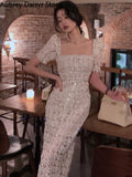 Yipinpay Sexy Long Lace Dress Women Korean Elegant Vintage Chic Design Bodycon Dress Female Summer Casual Evening Party Dress