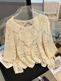 Yipinpay out knitted sweater for women's summer new Korean version loose short half sleeved crochet sun protection top shawl