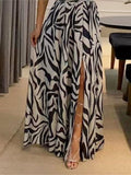 Yipinpay Women Zebra Stripe Print Dress Chic One-Shoulder Diagonal Collar Maxi Frock Lady Chic Sleeveless Slit A-Line Vestido