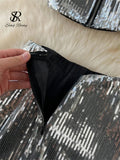 Yipinpay Senior Sexy Two Pieces Sets Zipper Shiny Short Tank Tops+Split Ruffles Sensual Skirt Fashion Sequins Vacation Suits