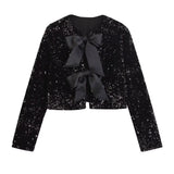 Yipinpay New Women Contrast Color Bow Sequin Jacket Long Sleeve O Neck Female Party Elegant Crop Coat