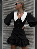 Yipinpay Black Ruffled Patchwork Mini Dress For Women High Waist V-Neck Slim Fashion Elegant Party Dress Gown Women's Sexy Dress
