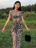 yipinpay Short Sleeve Daisies Print Mesh See-Through Sexy Maxi Dress Summer Women Fashion Streetwear Outfit Sundress