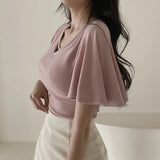 Yipinpay Shirts for Women Temperament V-neck Flare Short Sleeve Top Slim Fit Crop Ropa Mujer Pink T-shirt Korean Ruffled Tshirt