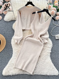 Yipinpay Winter Beading Knitted Suits Women Loose Long Sleeve Beading Pullover+ Midi Dress Fashion Warm Sweater Two Piece Sets