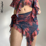 yipinpay Two Piece Set Vintage Women's Clothes Off Shoulder Tube Tops Mini Skirts Print Y2k Fashion Skirts Set Summer Women Outfits