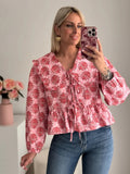 Yipinpay Floral Printing Peter Pan Doll Collar Shirts For Women 2024 Summer Long Sleeve Lace Up Blouse Female Street Lady Chic Tops