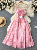 Yipinpay Spaghetti Strap Hollow Out Sexy Long Dress Women Sleeveless Elastic Vacation Chiffon Floral Print Beach Sundress