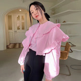 Yipinpay Sweet Pink Shirt Women Loose Long Sleeve Solid Ruffles Lapel Spring New Korean Chic Ladies Tops Elegant Fashion Blouses