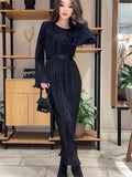 Yipinpay Fashion Ruffled Lace-Up Long Dress Women Slim Long Sleeve Striped Pleated Party Dress Autumn 2024 Solid Gown Female Dress