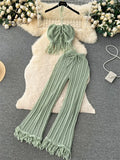 Yipinpay Summer Knitted Beach Two Pieces Sets Women Halter Backless Camis+Wide Legs Long Pants Tassel Hollow Out Bohe Suits