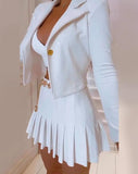 Yipinpay women's two piece set Buttoned Long Sleeve Blazer Coat Chain Decor Pleated Skirt Set short skirt suit female 2023 new