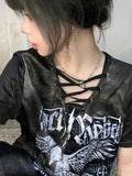 Yipinpay Subcultural Retro Lace up V-Neck Loose Print T-shirt Y2K Top Summer Short Sleeve Tshirts Women Harajuku Clothing Female