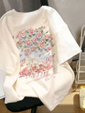 Yipinpay Flower T-shirt Women 2024 Summer Retro White Short Sleeved Cotton Tee Fashion Oversize Round Collar Loose All-Matched Top