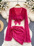 Yipinpay American Holiday Beach Suits Flare Sleeve V Neck Crop Top+One Piece Slim Skirt Fashion Folds Bandage Two Pieces Suit