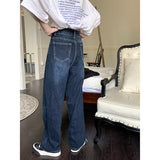 yipinpay Size Womens Jeans High Waist Straight Baggy Fashion Pants Streetwear Vintage Dark Blue Casual E Girl Wide Leg Denim Trouser
