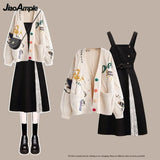 Yipinpay Autumn/Winter New Loose Knitted Sweater+Black Dress Two Piece Women's Korean Elegant Cardigan Sling Skirt Matching Set