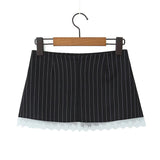 Yipinpay Sexy Low Waist Pinstripe Mini Skirt Women Lace Trim Back Zipper Ladies Summer Skirts