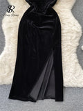 Yipinpay Strap Split Sexy Long Dress Ladies 2024 Strapless Slim Velvet Sheath Backless Bodycon Party Midi Dress
