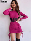 yipinpay See Through Mesh Women Chic Fashion Summer Long Sleeve Ribber Knitted Y2K Mini Dress Sexy Party Club Casual Dress 2023