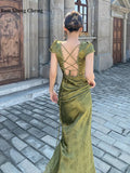 Yipinpay Women's Long Dress New In Female Turquoise Green V-neck Backless Satin Jacquard Waist Slim Chic and Elegant Sexy Dress