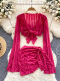 Yipinpay American Holiday Beach Suits Flare Sleeve V Neck Crop Top+One Piece Slim Skirt Fashion Folds Bandage Two Pieces Suit