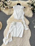 Yipinpay Women Sexy Two Pieces Suits Sleeveless Ruffles Short Blouse+Bodycon Flower Mini Skirt Fashion Streetwear Beach Sets