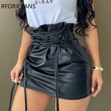 Yipinpay Women Soild Elegants Lace Up  Mini Black Pu Leather Culottes Skirt