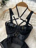 Yipinpay Sexy Hollow Out Playsuits Female Strap Transparent Thin Slim Jumpsuits 2024 Summer Mesh Lace Halter Club Bodysuits