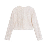 Yipinpay New Women Contrast Color Bow Sequin Jacket Long Sleeve O Neck Female Party Elegant Crop Coat