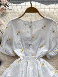 Yipinpay Fashion Sweet Long Sundress Women Square Collar Short Puff Sleeves Embroidery Floral Ruched Zipper Beach Style Dress