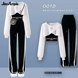Yipinpay Spring Autumn Women's Tracksuit Set Korean Fashion Short Long-sleeved Sweater+Vest+Casual Wide Leg Pants Three-piece Suit