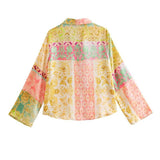 Yipinpay Patchwork Button Up Shirt Women Print Long Sleeve Top Female Loose Summer Blouses Woman 2023 Collared Women's Beach Shirt